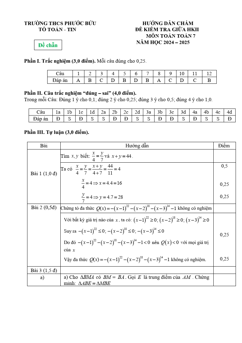 Đề thi Giữa kì 2 Toán 7 trường THCS Phước Bửu (Bà Rịa - Vũng Tàu) năm 2024-2025
