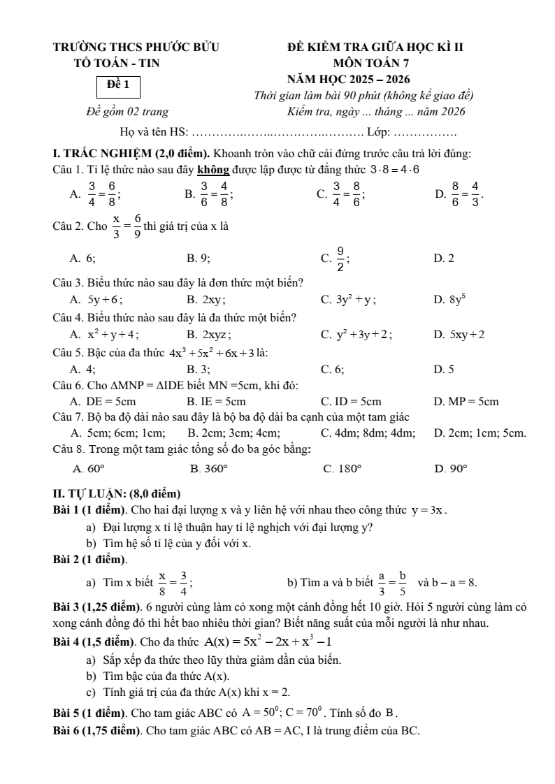 Đề thi Giữa kì 2 Toán 7 trường THCS Phước Bửu (TP HCM) năm 2025-2026