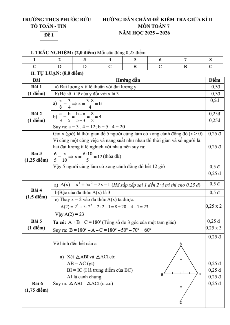 Đề thi Giữa kì 2 Toán 7 trường THCS Phước Bửu (TP HCM) năm 2025-2026