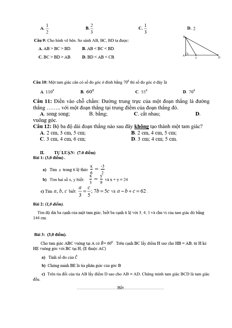 Đề thi Giữa kì 2 Toán 7 trường THCS Quế Thuận (Đà Nẵng) năm 2025-2026