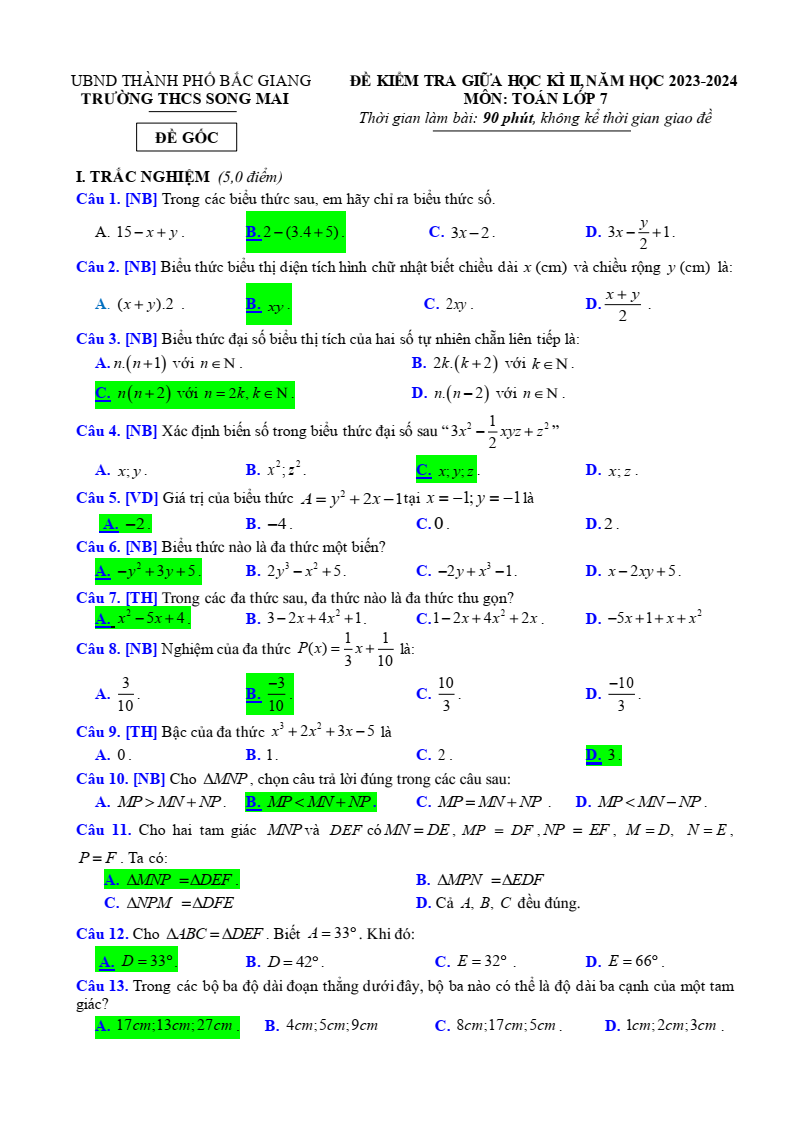 Đề thi Giữa kì 2 Toán 7 trường THCS Song Mai (Bắc Giang) năm 2023-2024