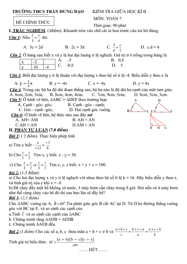 Đề thi Giữa kì 2 Toán 7 trường THCS Trần Hưng Đạo (Bà Rịa - Vũng Tàu) năm 2023-2024