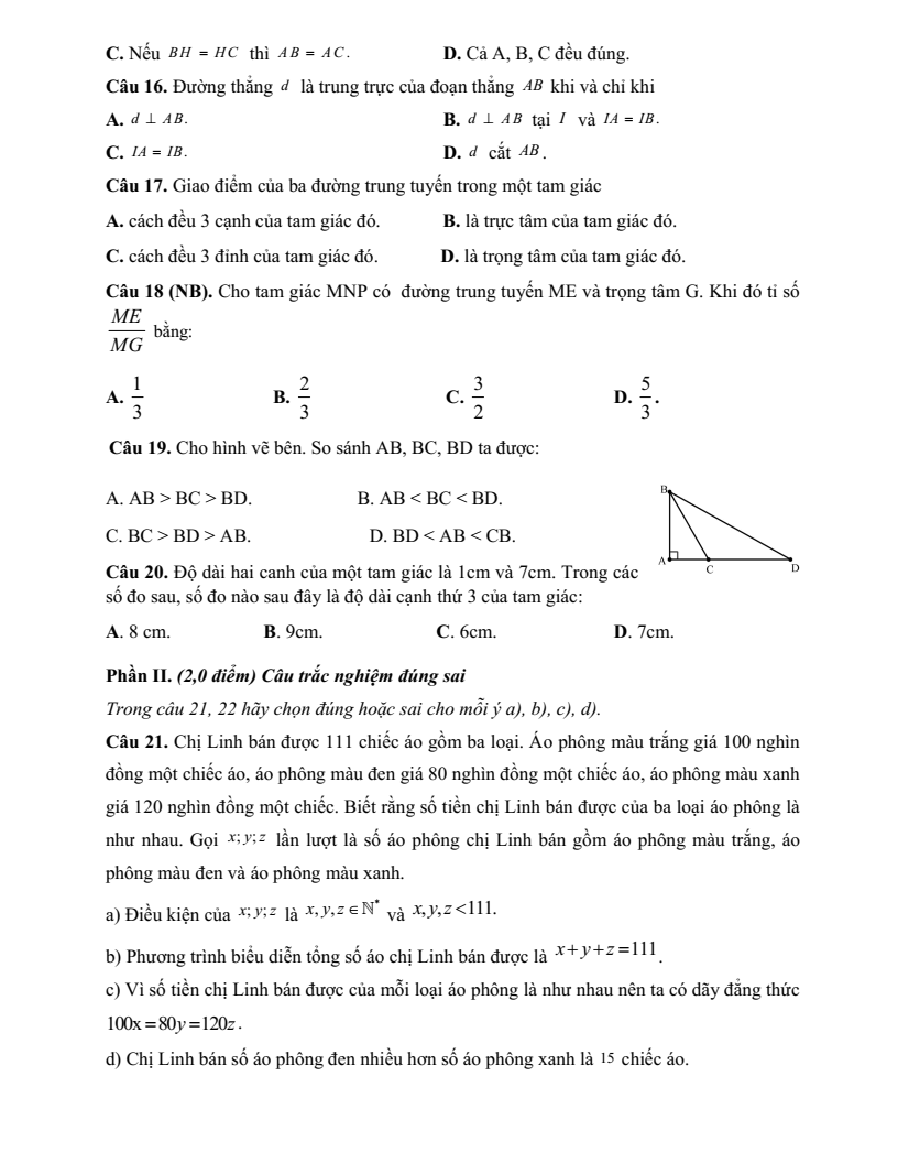 Đề thi Giữa kì 2 Toán 7 trường THCS Thạch Đồng (Phú Thọ) năm 2024-2025