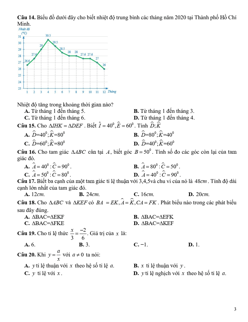 Đề thi Giữa kì 2 Toán 7 trường THCS&THPT Vàm Đình (Cà Mau) năm 2023-2024