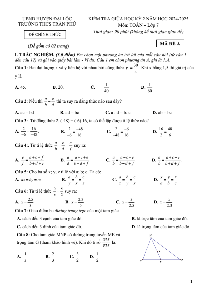 Đề thi Giữa kì 2 Toán 7 trường THCS Trần Phú (Quảng Nam) năm 2024-2025