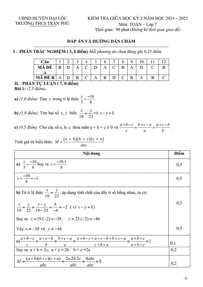 Đề thi Giữa kì 2 Toán 7 trường THCS Trần Phú (Quảng Nam) năm 2024-2025
