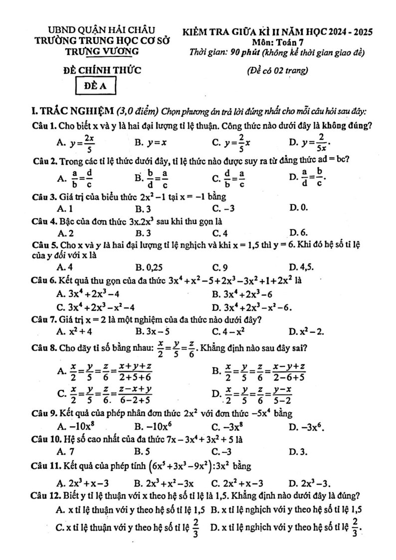 Đề thi Giữa kì 2 Toán 7 trường THCS Trưng Vương (Đà Nẵng) năm 2024-2025