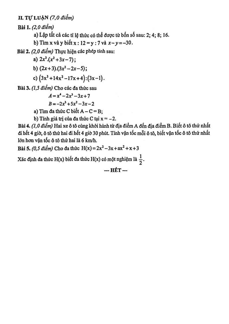Đề thi Giữa kì 2 Toán 7 trường THCS Trưng Vương (Đà Nẵng) năm 2024-2025