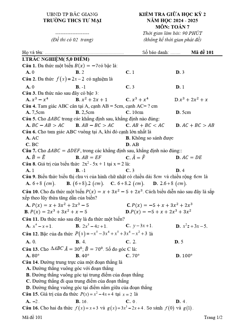 Đề thi Giữa kì 2 Toán 7 trường THCS Tư Mại (Bắc Giang) năm 2024-2025