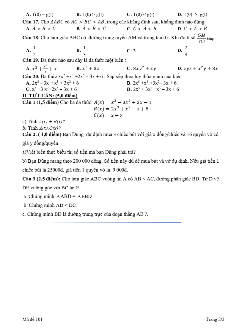 Đề thi Giữa kì 2 Toán 7 trường THCS Tư Mại (Bắc Giang) năm 2024-2025