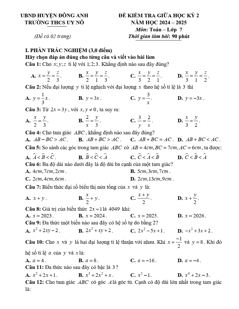 Đề thi Giữa kì 2 Toán 7 trường THCS Uy Nỗ (Hà Nội) năm 2024-2025