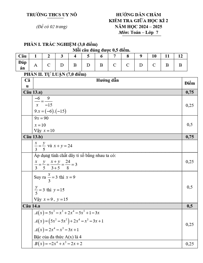 Đề thi Giữa kì 2 Toán 7 trường THCS Uy Nỗ (Hà Nội) năm 2024-2025