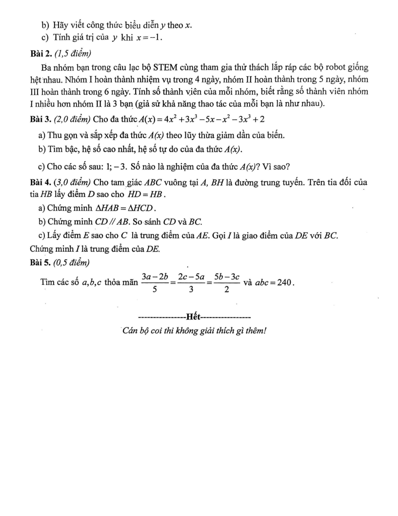 Đề thi Giữa kì 2 Toán 7 trường THCS Xuân Đỉnh (Hà Nội) năm 2025-2026