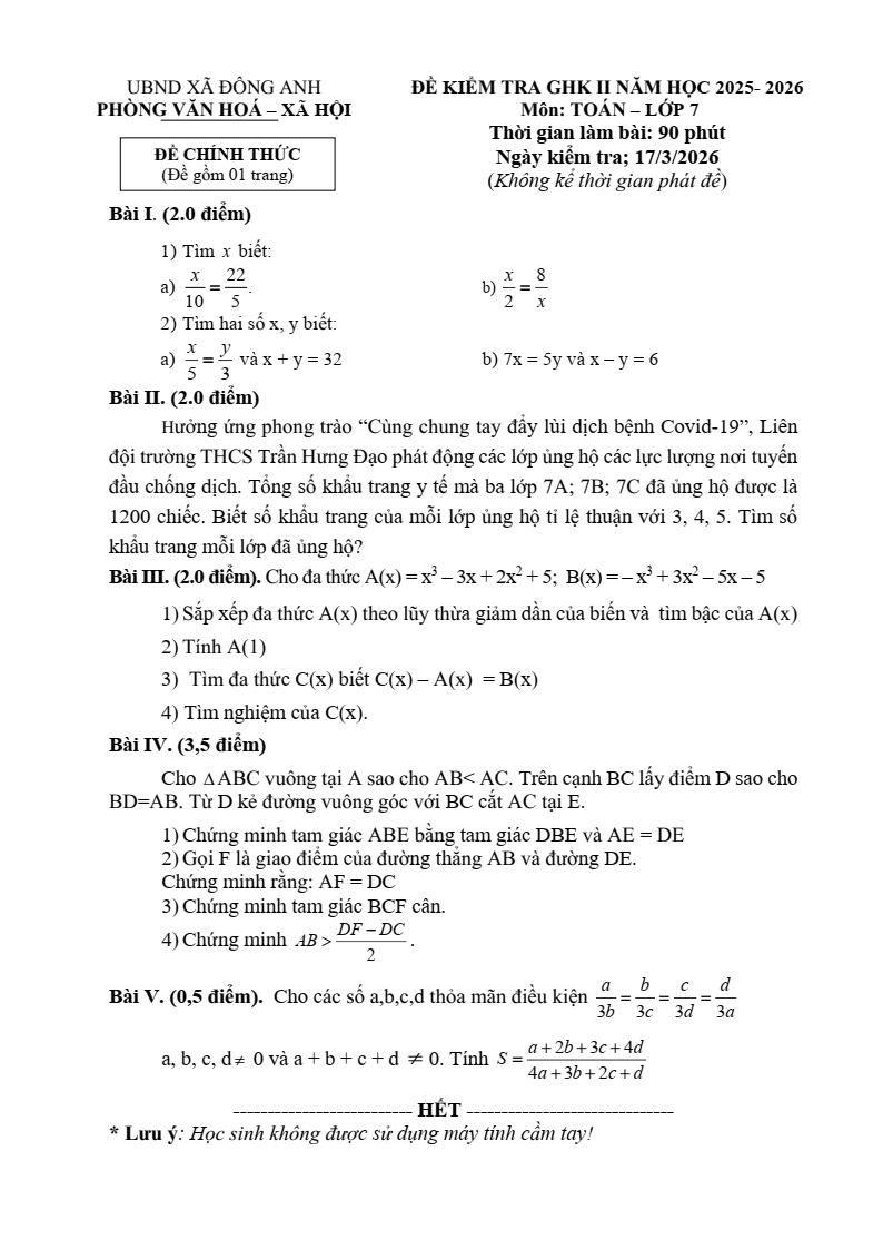 Đề thi Giữa kì 2 Toán 7 xã Đông Anh (Hà Nội) năm 2025-2026