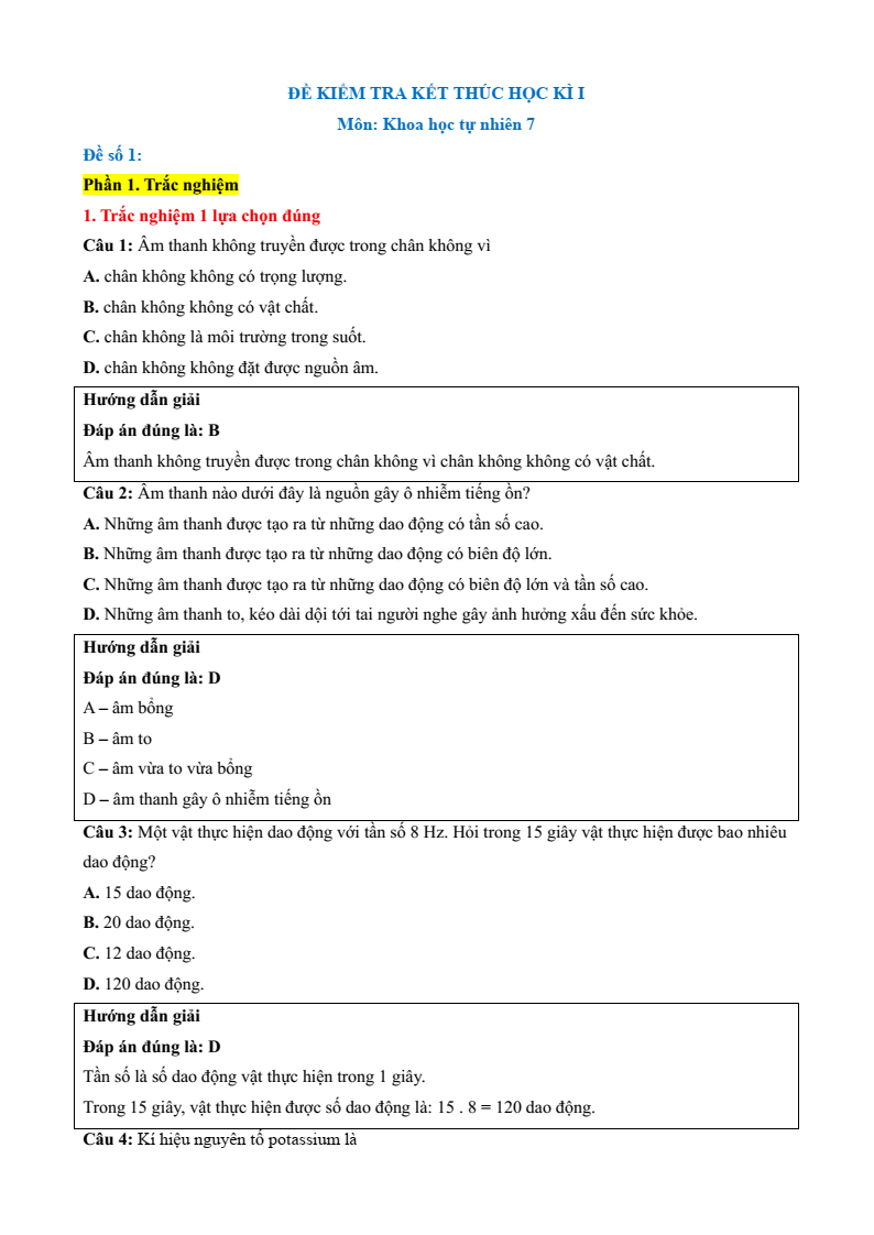 6 Đề thi Học kì 1 KHTN 7 Chân trời sáng tạo năm 2025 (có đáp án) | Đề thi Khoa học tự nhiên 7