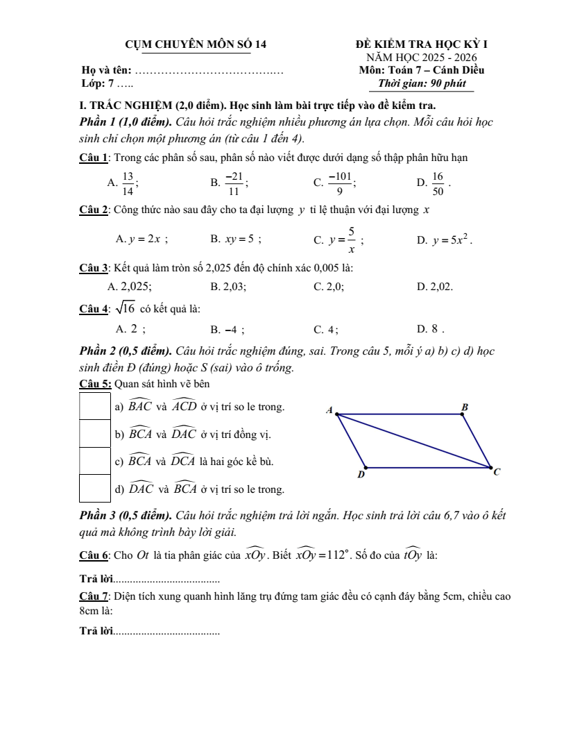 Đề thi Học kì 1 Toán 7 cụm chuyên môn số 14 Hà Nội năm 2025-2026