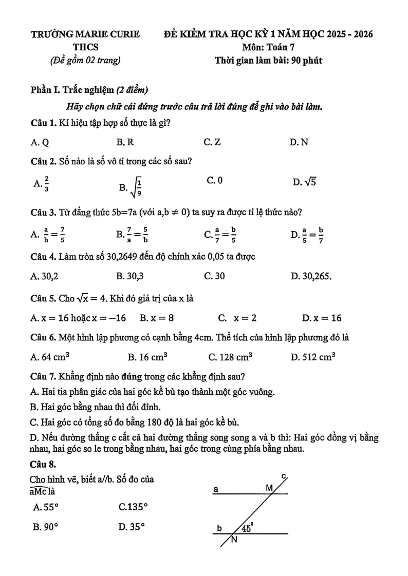 Đề thi Học kì 1 Toán 7 trường Marie Curie năm 2025-2026