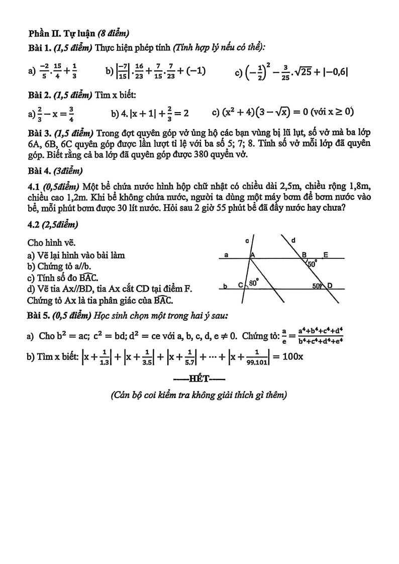 Đề thi Học kì 1 Toán 7 trường Marie Curie năm 2025-2026