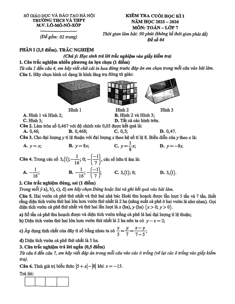 Đề thi Học kì 1 Toán 7 trường M.V. Lômônôxốp năm 2025-2026