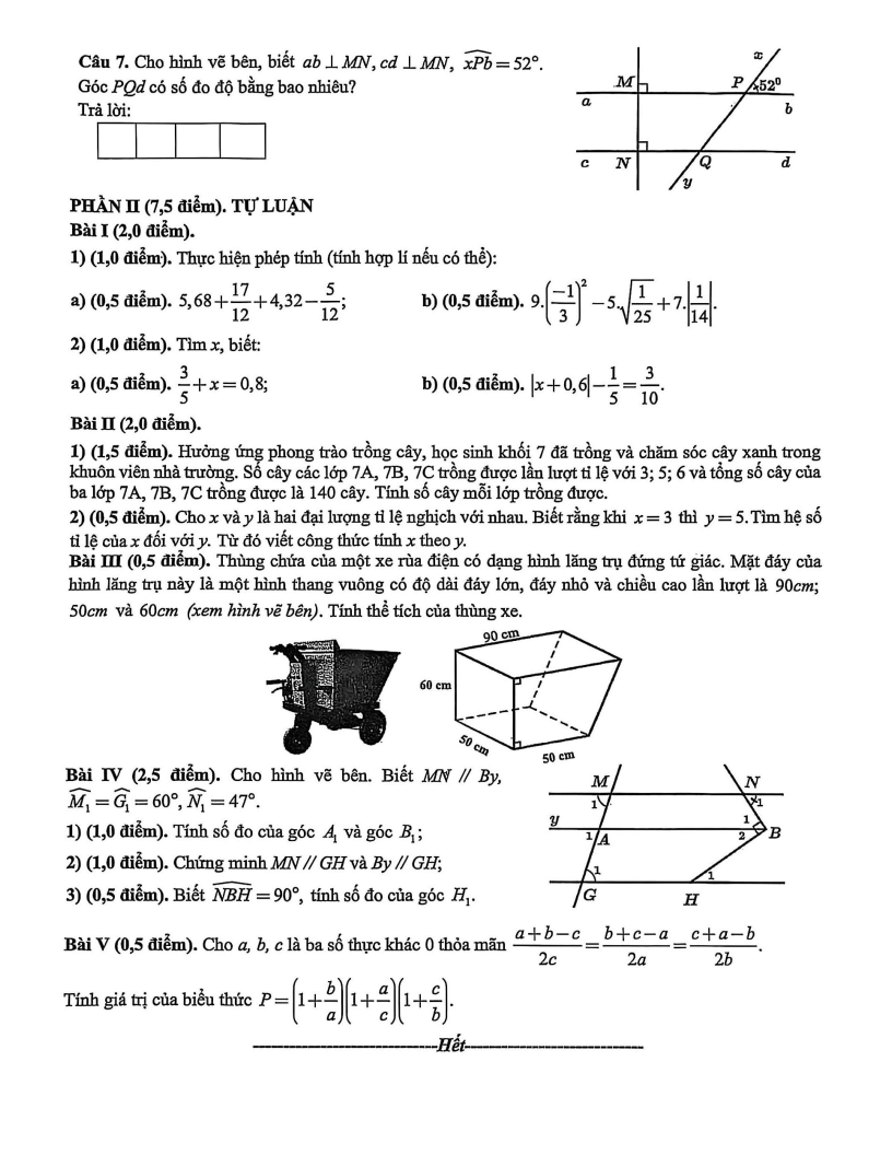 Đề thi Học kì 1 Toán 7 trường M.V. Lômônôxốp năm 2025-2026