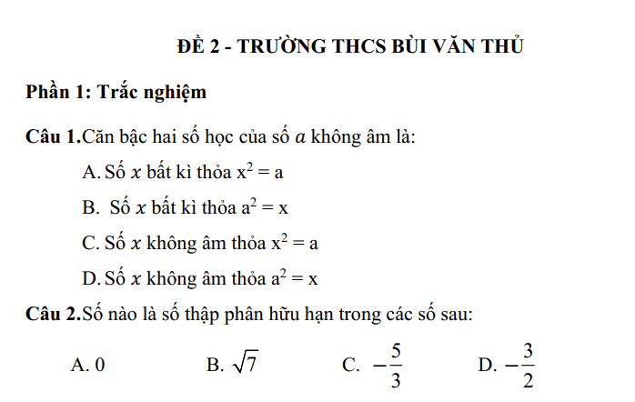 Đề thi Học kì Toán 7 năm 2024-2025 Trường THCS Bùi Văn Thủ