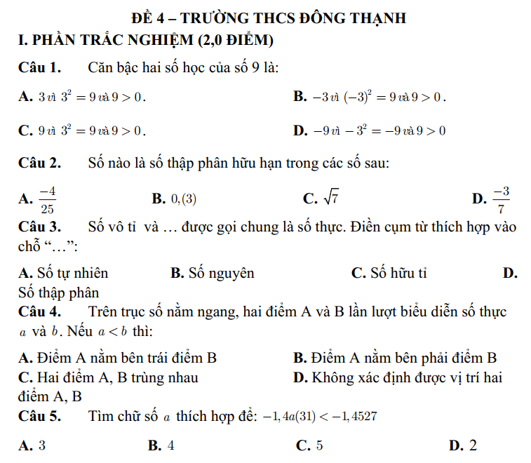 Đề thi Học kì Toán 7 năm 2024-2025 Trường THCS Đông Thạnh