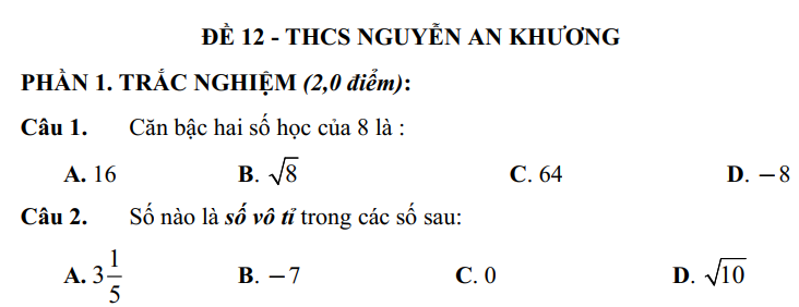 Đề thi Học kì Toán 7 năm 2024-2025 Trường THCS Nguyễn An Khương