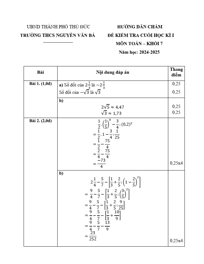 Đề thi Giữa kì 1 Toán 7 năm 2025 Trường THCS Nguyễn Văn Bá