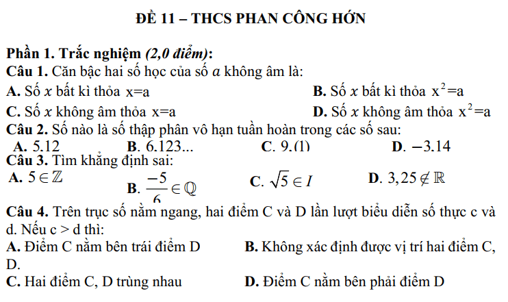 Đề thi Học kì Toán 7 năm 2024-2025 Trường THCS Phan Công Hớn