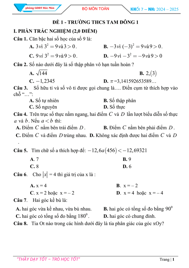 Đề thi Học kì Toán 7 năm 2024-2025 Trường THCS Tam Đông 1