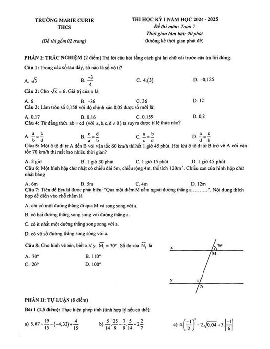 Đề thi Học kì Toán 7 năm 2024-2025 trường Marie Curie (Hà Nội)