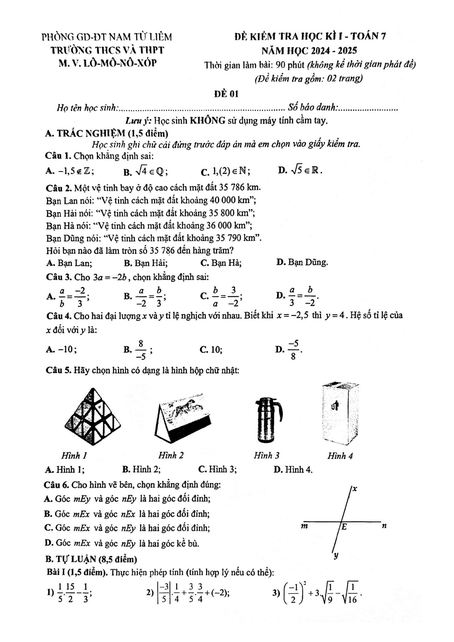 Đề thi Học kì 1 Toán 7 năm 2024-2025 trường M.V. Lômônôxốp (Hà Nội)