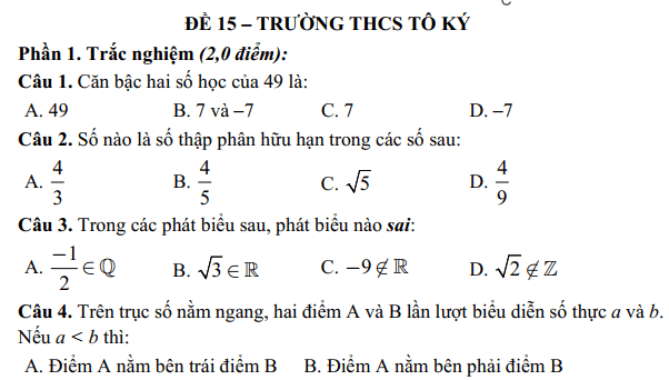 Đề thi Học kì Toán 7 năm 2024-2025 Trường THCS Tô Ký