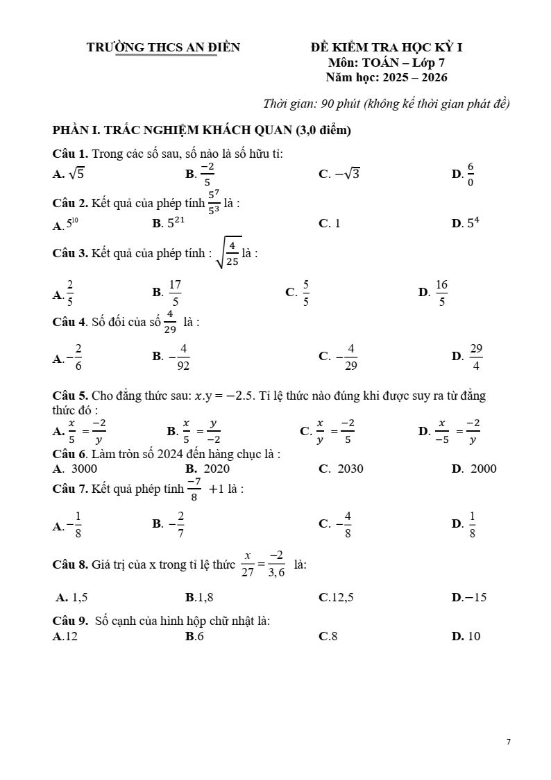 Đề thi Học kì 1 Toán 7 trường THCS An Điền (Tp. HCM) năm 2025-2026