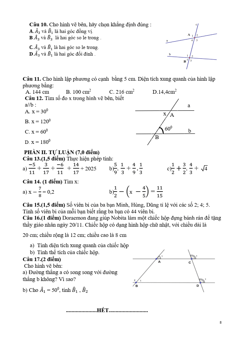 Đề thi Học kì 1 Toán 7 trường THCS An Điền (Tp. HCM) năm 2025-2026