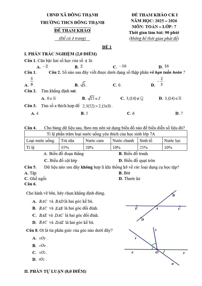 Đề thi Học kì 1 Toán 7 trường THCS Đông Thạnh năm 2025-2026