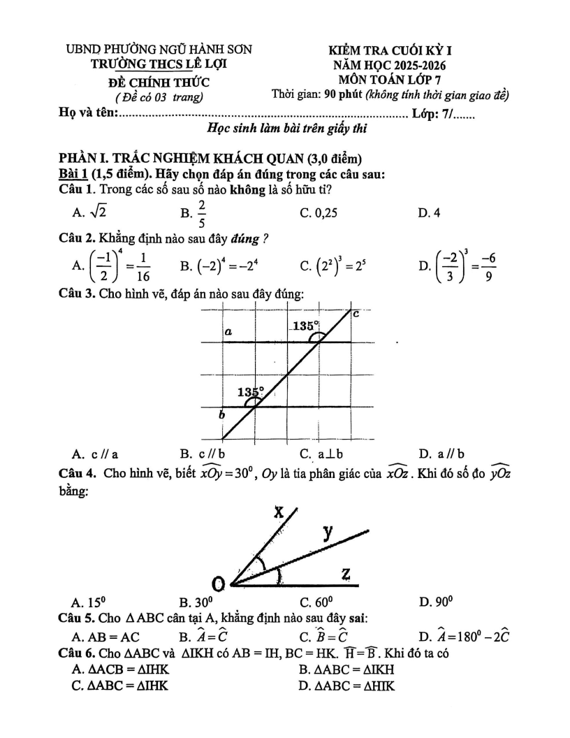 Đề thi Học kì 1 Toán 7 trường THCS Lê Lợi (Đà Nẵng) năm 2025-2026