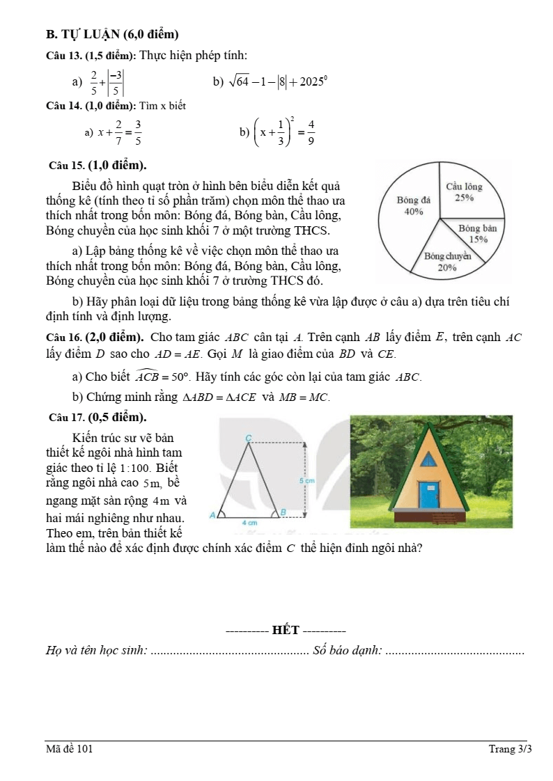 Đề thi Học kì 1 Toán 7 trường THCS Nghĩa An (Nghệ An) năm 2025-2026