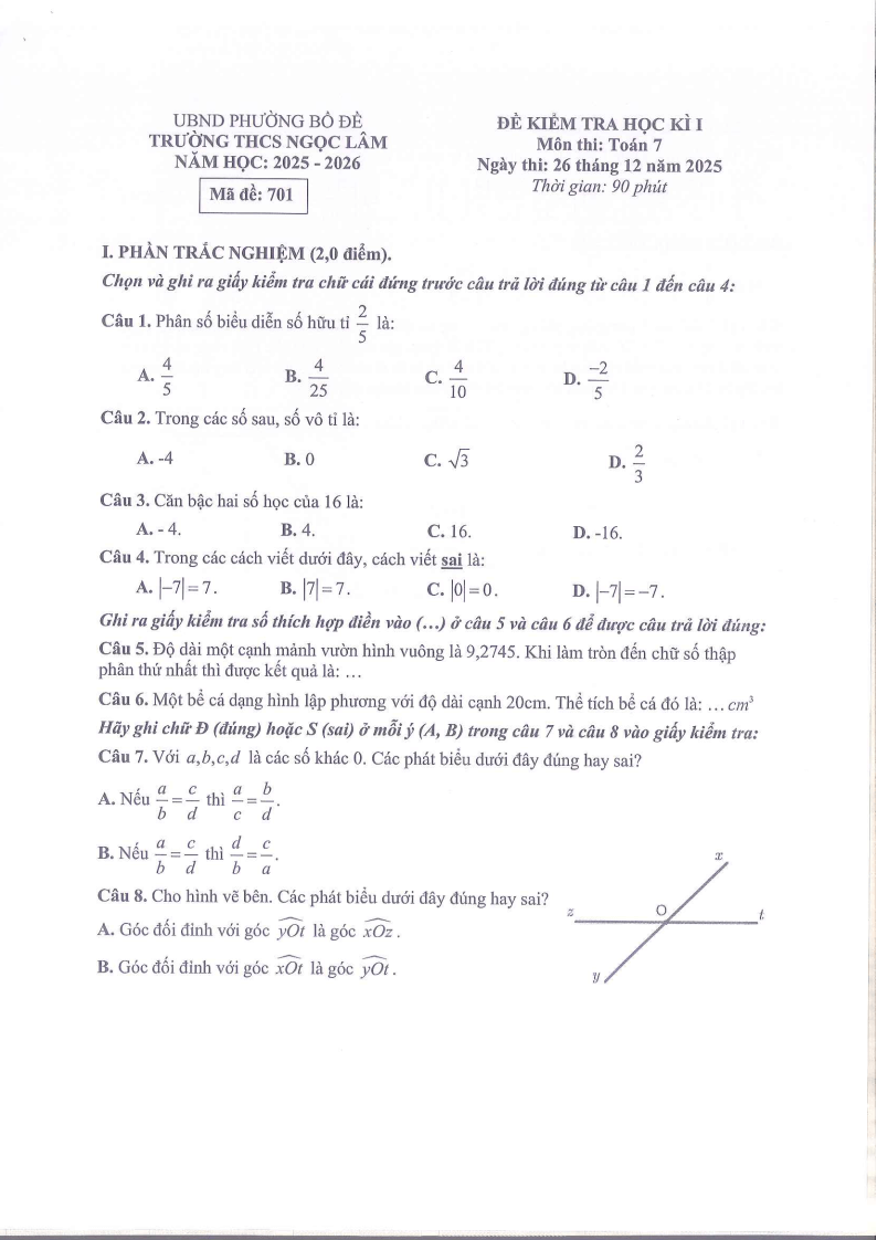 Đề thi Học kì 1 Toán 7 trường THCS Ngọc Lâm (Hà Nội) năm 2025-2026