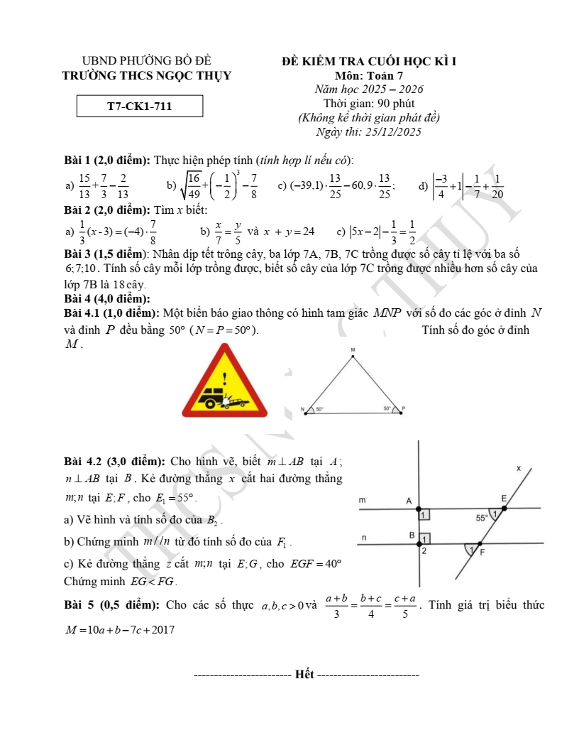 Đề thi Học kì 1 Toán 7 trường THCS Ngọc Thụy (Hà Nội) năm 2025-2026