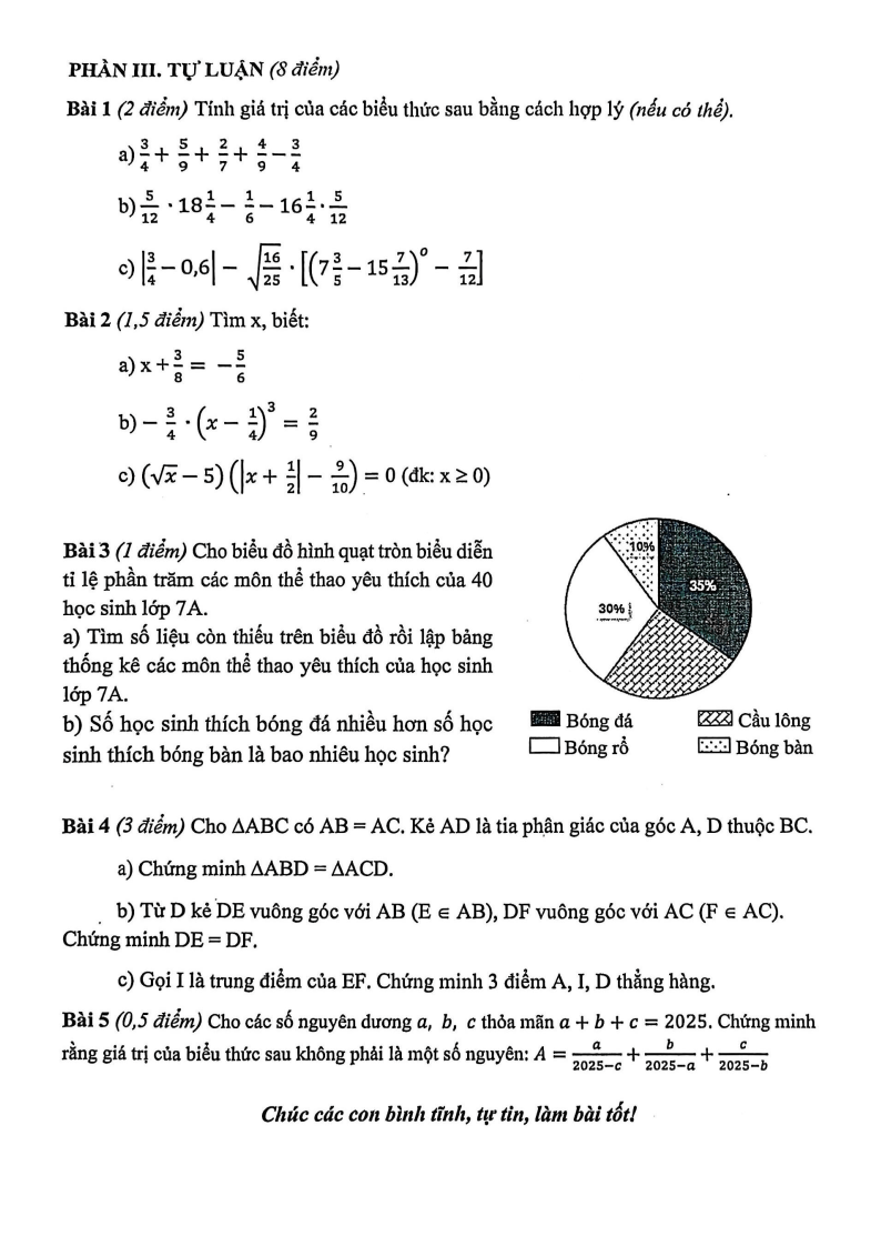Đề thi Học kì 1 Toán 7 trường THCS Nguyễn Trường Tộ năm 2025-2026
