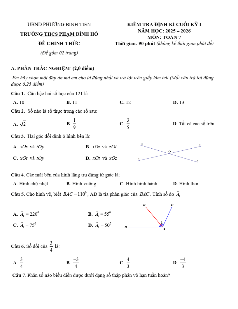 Đề thi Học kì 1 Toán 7 trường THCS Phạm Đình Hổ (Tp. HCM) năm 2025-2026