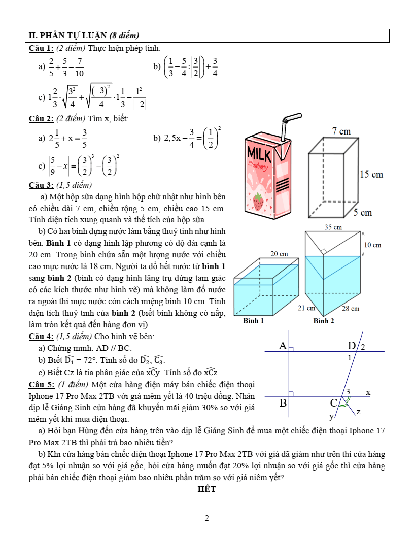 Đề thi Học kì 1 Toán 7 trường THCS Phạm Hữu Lầu (Tp. HCM) năm 2025-2026