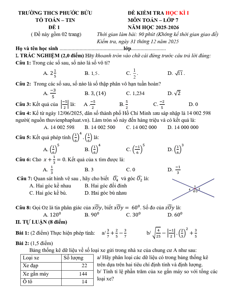Đề thi Học kì 1 Toán 7 trường THCS Phước Bửu (Tp. HCM) năm 2025-2026