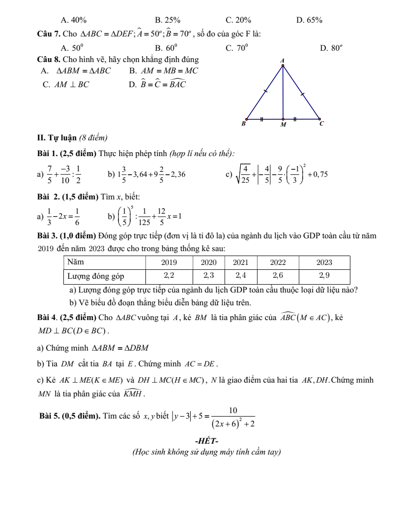 Đề thi Học kì 1 Toán 7 trường THCS Tân Triều (Hà Nội) năm 2025-2026