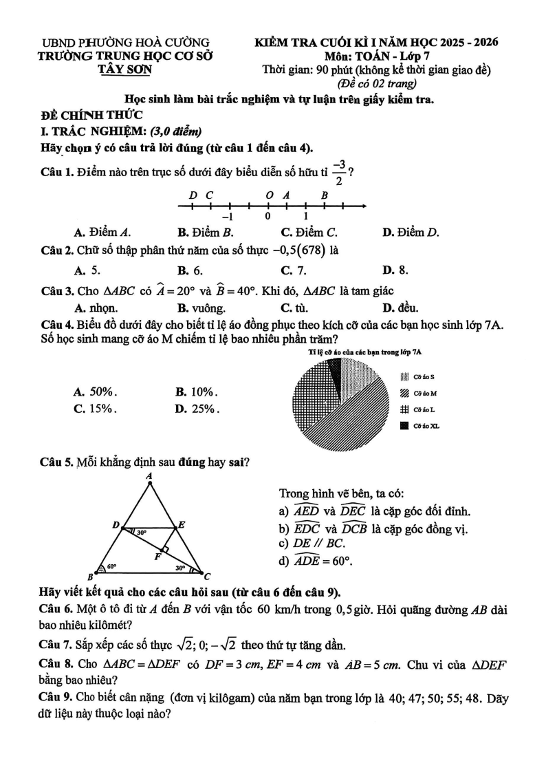 Đề thi Học kì 1 Toán 7 trường THCS Tây Sơn (Đà Nẵng) năm 2025-2026