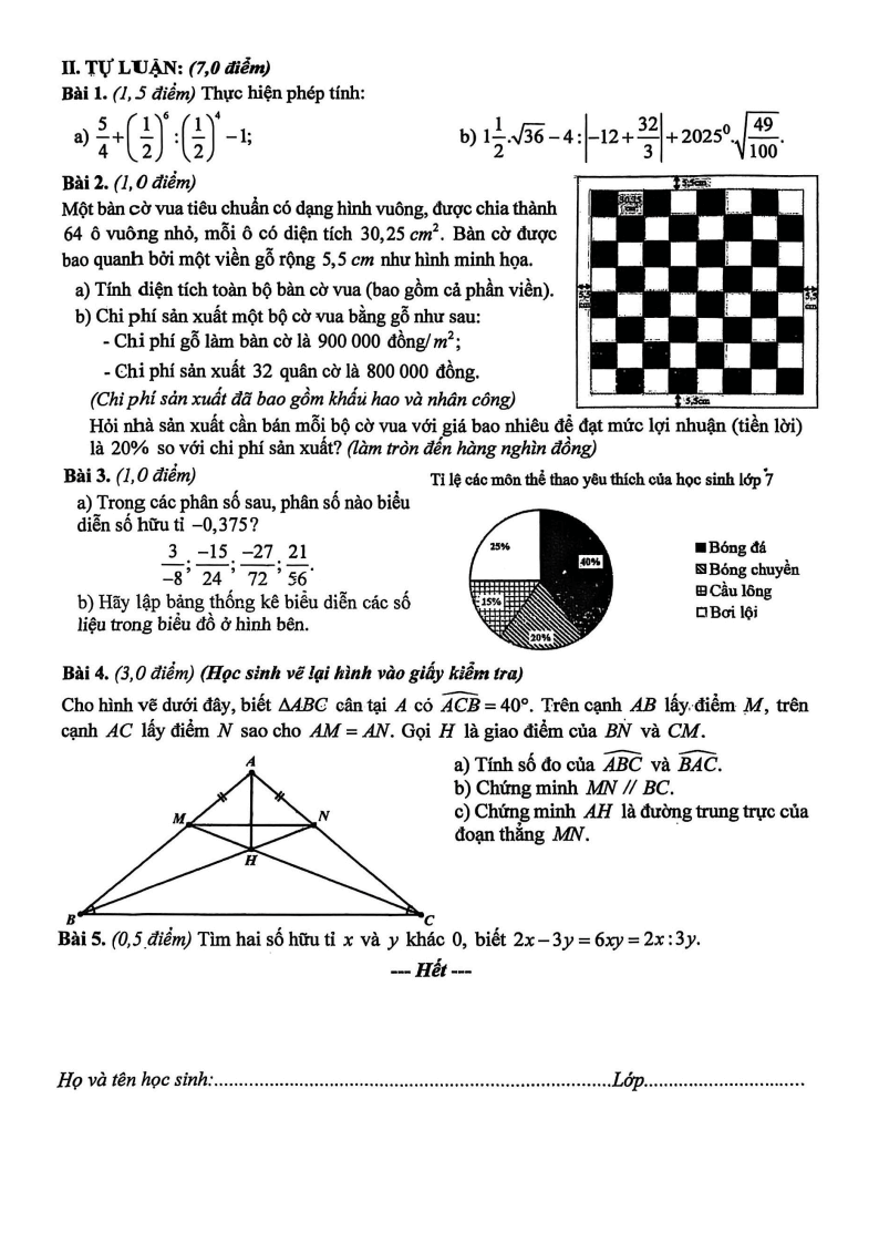 Đề thi Học kì 1 Toán 7 trường THCS Tây Sơn (Đà Nẵng) năm 2025-2026