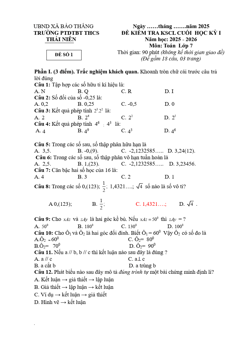 Đề thi Học kì 1 Toán 7 trường THCS Thái Niên (Lào Cai) năm 2025-2026