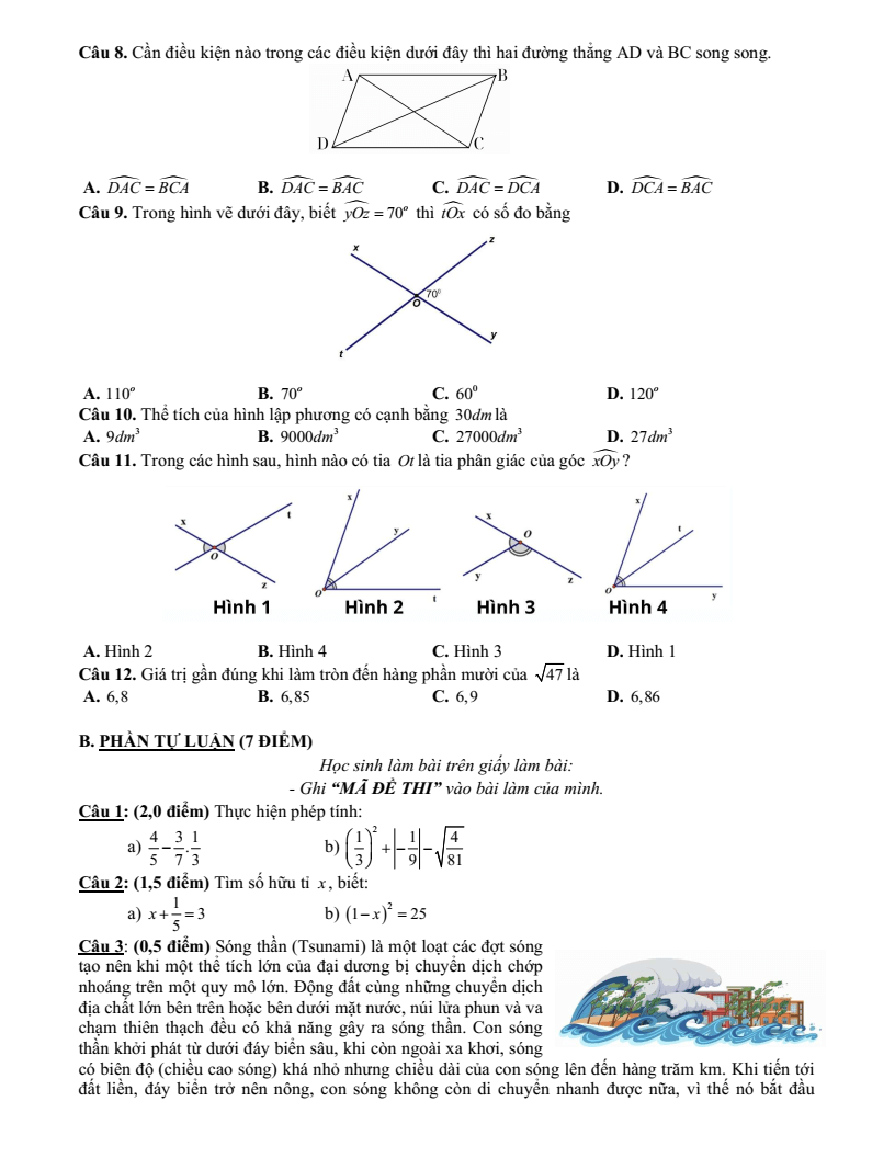 Đề thi Học kì 1 Toán 7 trường THPT Lương Thế Vinh (Tp. HCM) năm 2025-2026