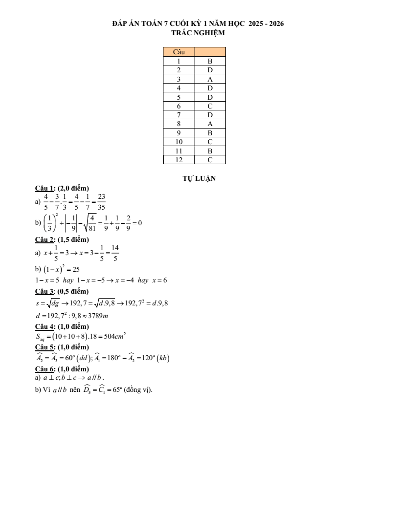 Đề thi Học kì 1 Toán 7 trường THPT Lương Thế Vinh (Tp. HCM) năm 2025-2026